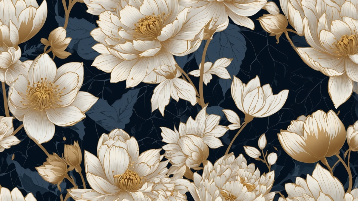 Detailed illustration of creamy beige and gold flowers with dark blue leaves on a deep navy background