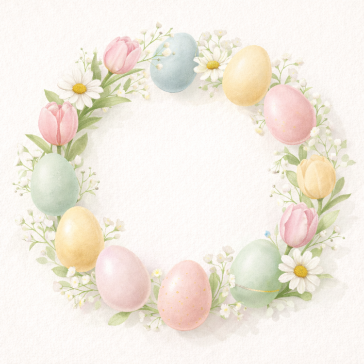 Delicate wreath made of pastel-colored Easter eggs and spring flowers including tulips and daisies on a light background