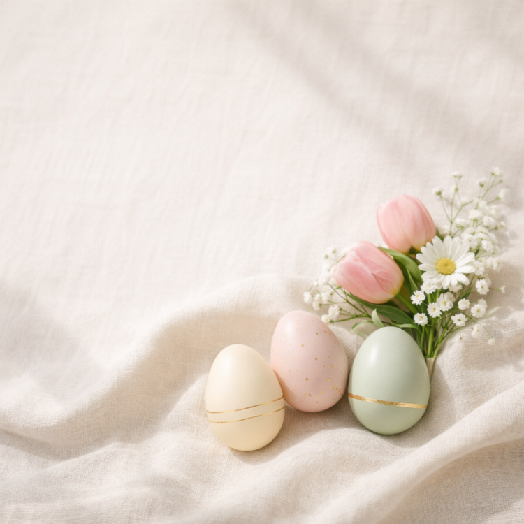 Three pastel-colored Easter eggs with delicate gold accents placed on soft beige fabric alongside pink tulips and white daisies