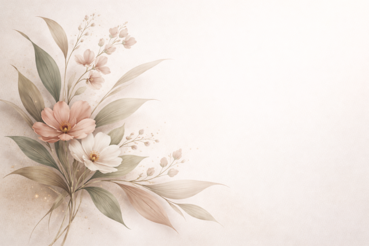 Delicate pastel floral bouquet with soft pink and white flowers and muted green and beige leaves on light background