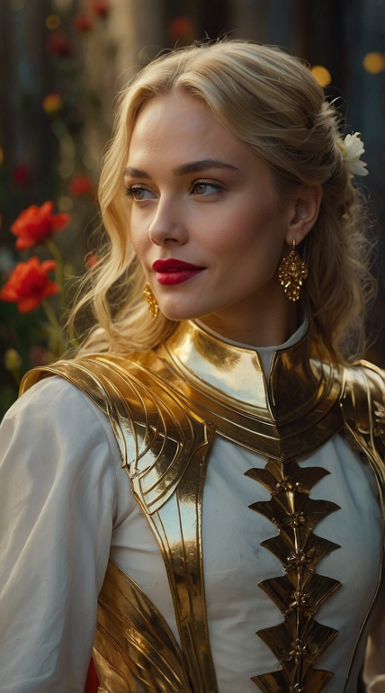 Close-up portrait of a woman with blonde hair wearing intricate golden armor and red lipstick, with flowers blurred in the background