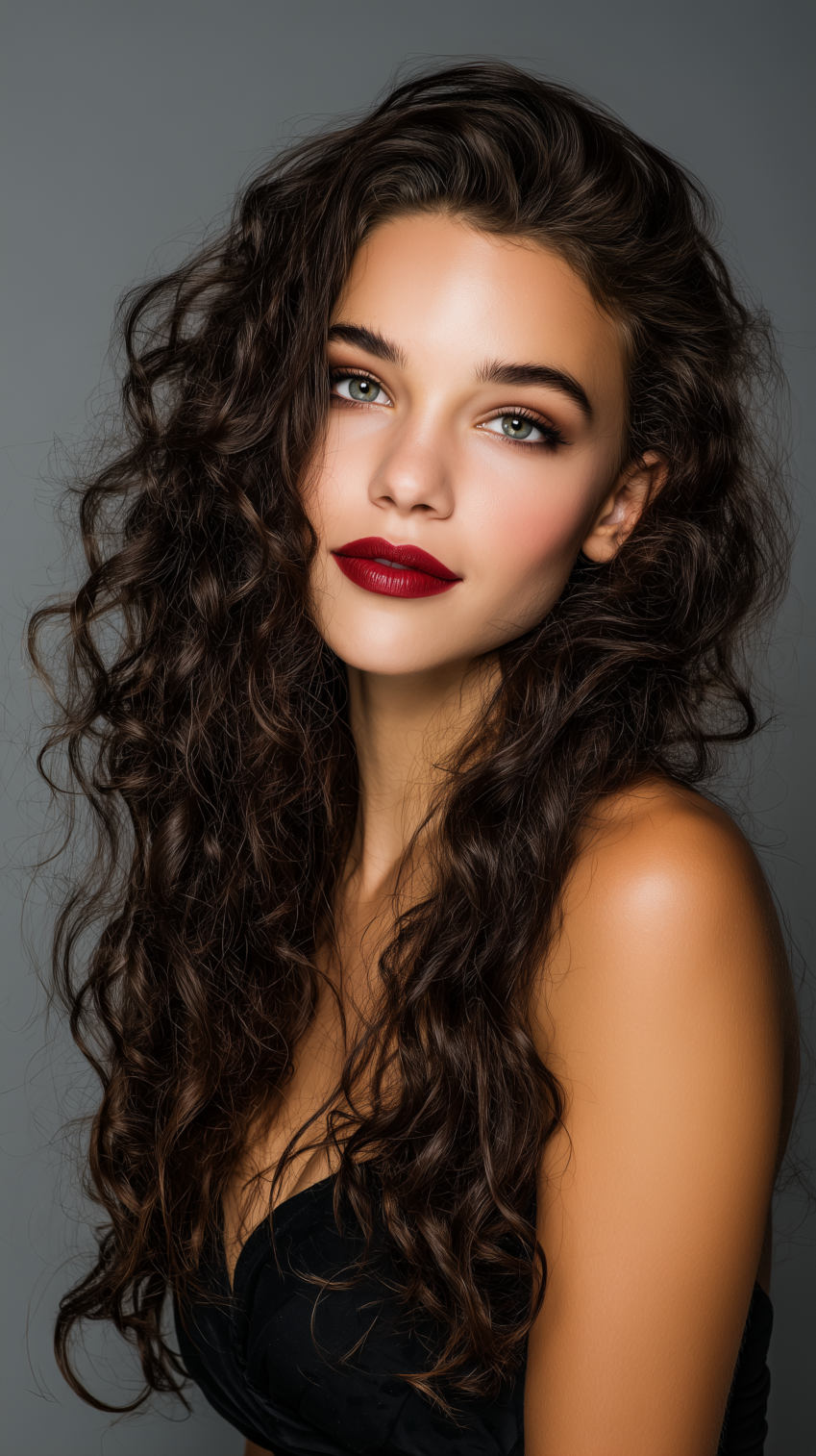 Close-up portrait of an elegant young woman with long curly hair and vibrant red lipstick against a gray background