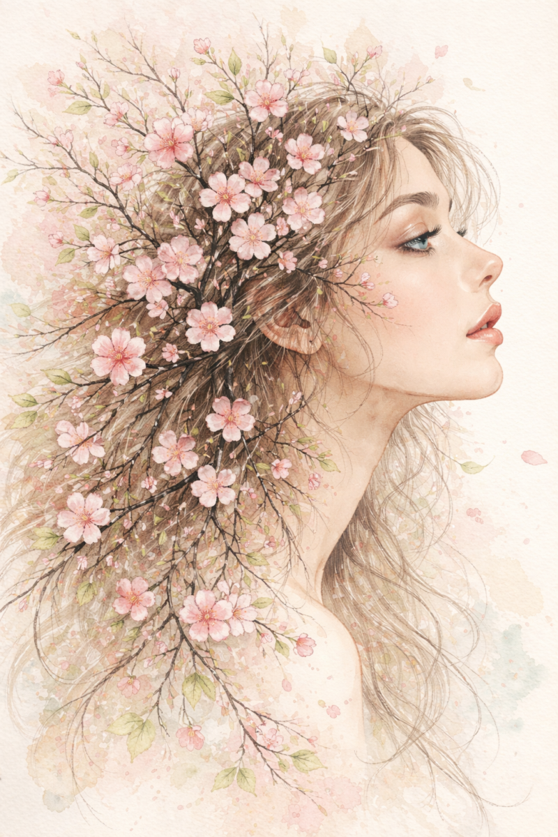 Watercolor portrait of an elegant woman in profile with branches of cherry blossoms intertwined in her hair