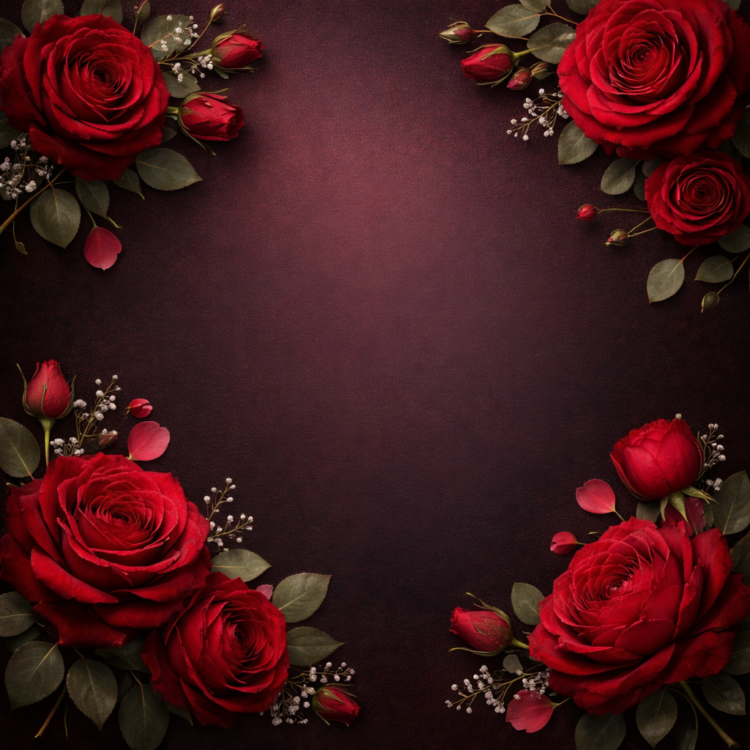 Red roses and rosebuds arranged artistically at four corners with green leaves on a textured dark maroon background