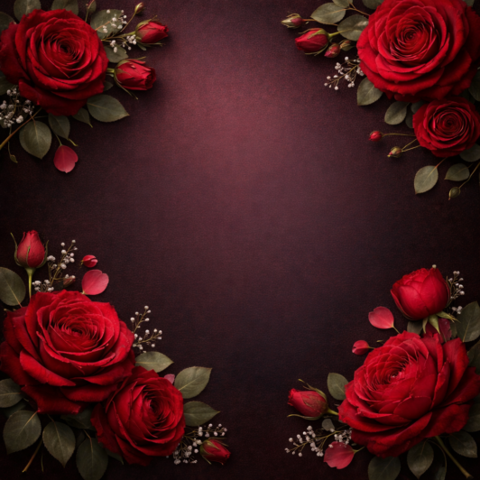 Dark textured background with elegant red roses and green leaves arranged at corners creating a frame
