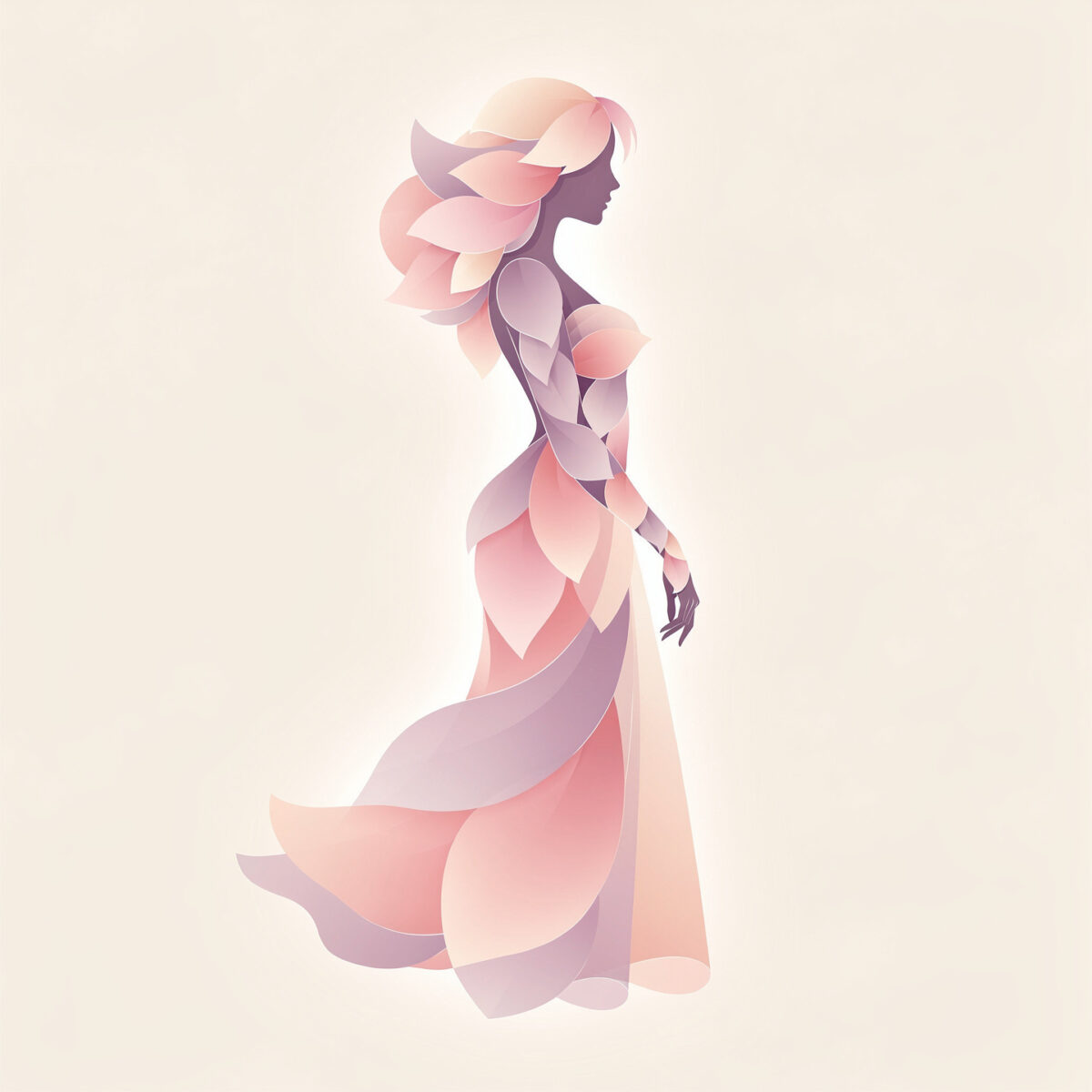 Stylized side profile of a woman created with soft pink and purple petal shapes flowing as hair and dress on a light background