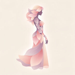 Stylized side profile of a woman created with soft pink and purple petal shapes flowing as hair and dress on a light background