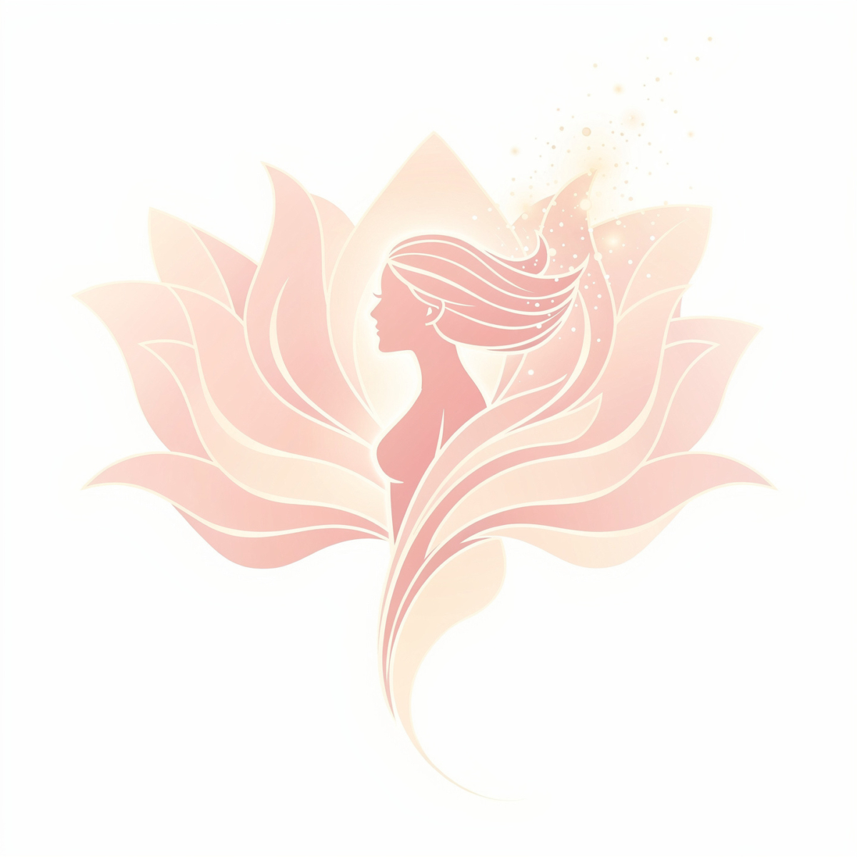 Soft pastel illustration of a woman silhouette integrated with a blooming lotus flower and flowing hair