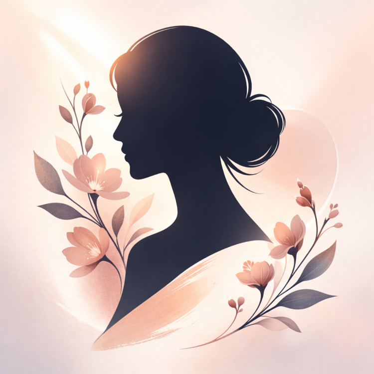 Silhouette illustration of a woman's profile with soft peach and pink flowers and leaves around her on a pastel background
