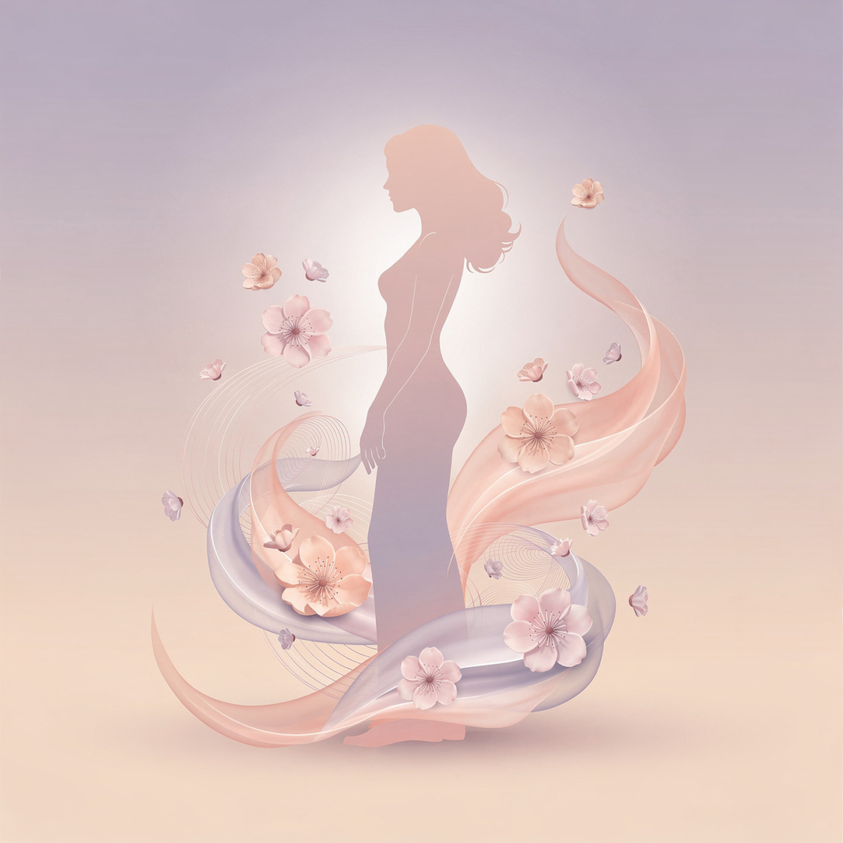 Soft pastel illustration of a woman silhouette surrounded by flowing ribbons and delicate pink flowers symbolizing grace and femininity