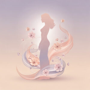 Silhouette of a woman surrounded by soft flowing ribbons and delicate pastel pink flowers on a gentle gradient background