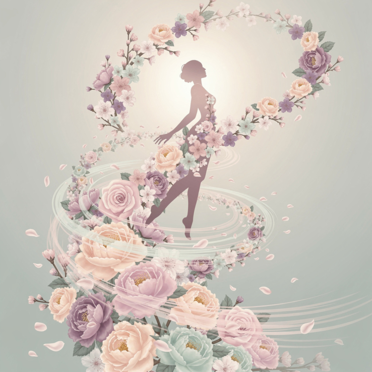 Silhouette of a woman intertwined with swirling pastel flowers and petals creating a delicate floral composition