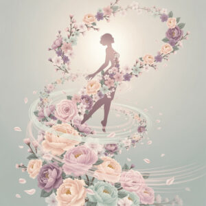 Graceful silhouette of a woman surrounded by soft pastel flowers and swirling petals in a gentle artistic style