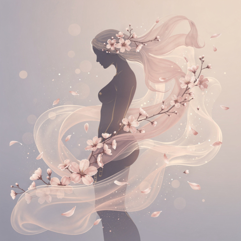 Digital illustration of a graceful female silhouette surrounded by soft flowing fabric and cherry blossom branches