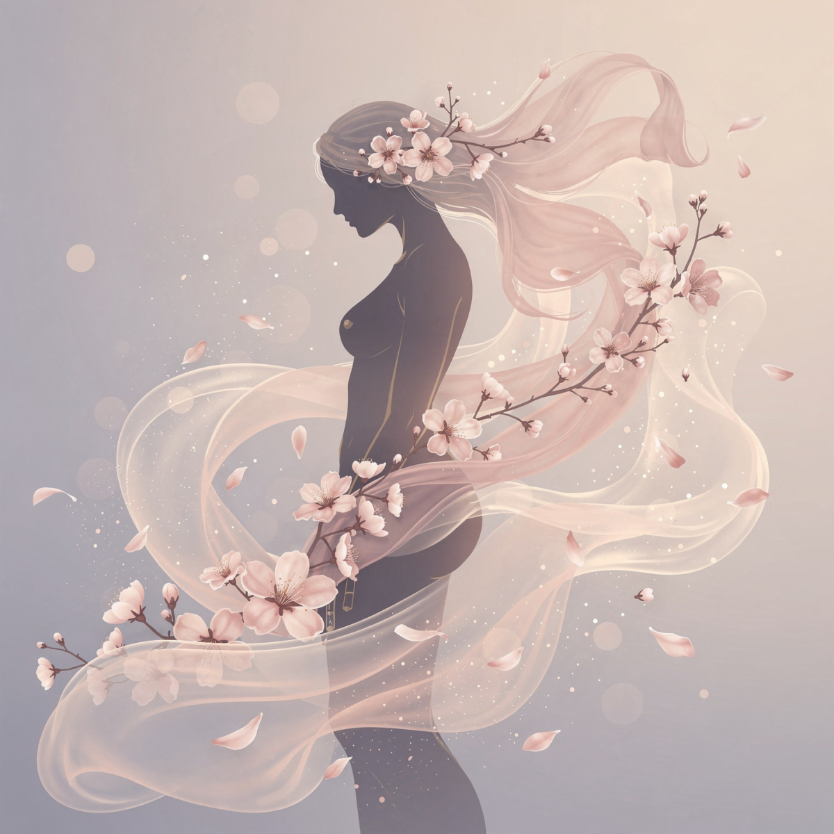 Digital illustration of a graceful female silhouette surrounded by soft flowing fabric and cherry blossom branches