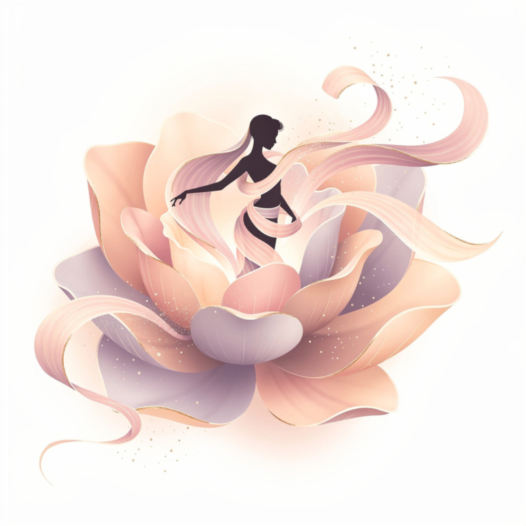 Silhouette of a graceful woman surrounded by flowing ribbons and delicate pastel flower petals in soft pink and lavender tones