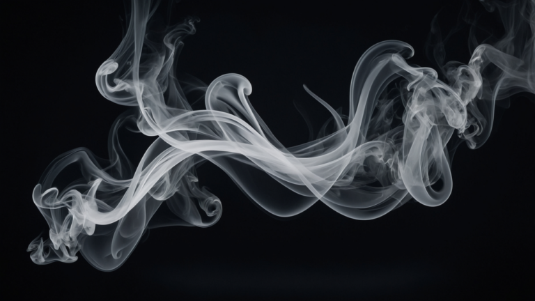 Delicate swirling white smoke wisps curling and twisting on a dark black background creating an abstract effect