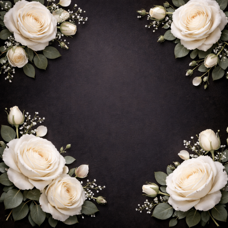 White roses and buds with green leaves arranged in four corners on a black textured background