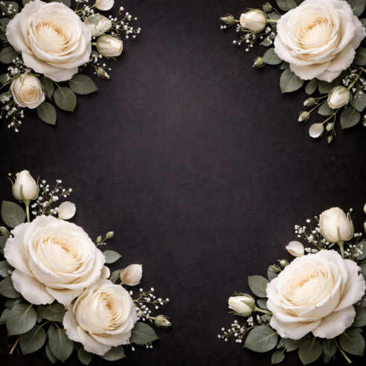 White roses and buds with green leaves arranged in four corners on a black textured background