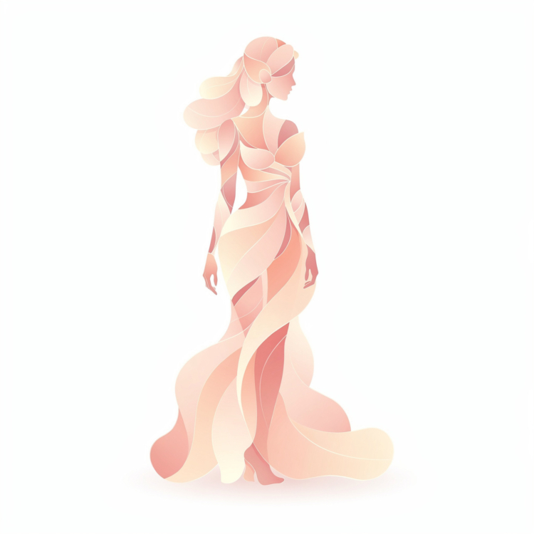 An abstract illustration of an elegant woman wearing a flowing dress in soft peach and cream tones