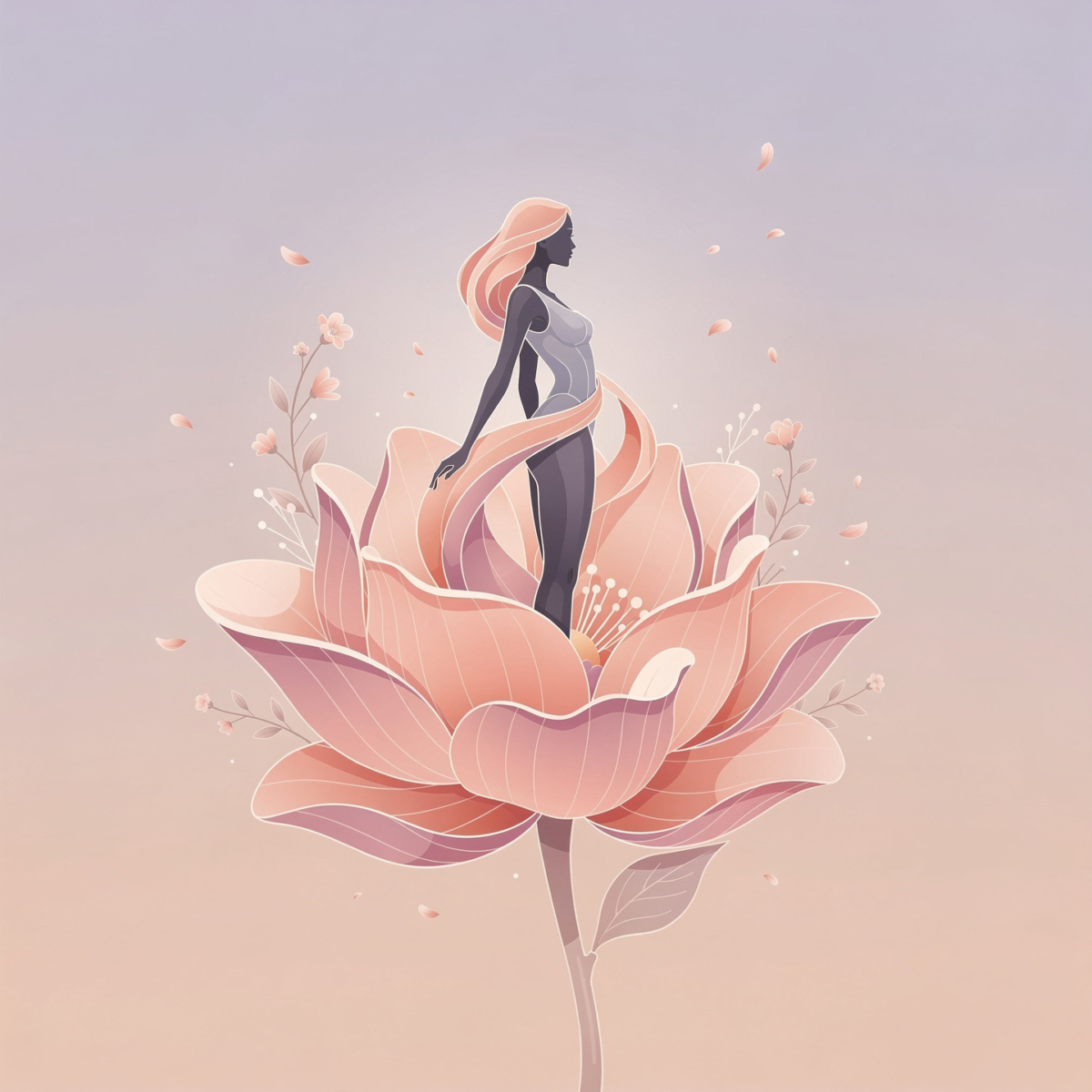 Illustration of a graceful woman standing inside a large pink flower with petals and small blossoms surrounding her
