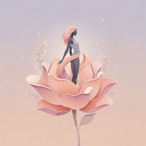 Illustration of a graceful woman standing inside a large pink flower with petals and small blossoms surrounding her