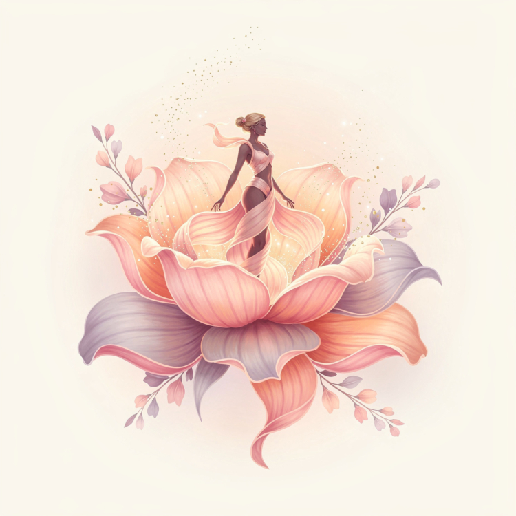 An artistic illustration of a graceful woman standing inside a giant pastel-colored flower with soft petals and glowing sparkles