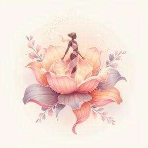 Artistic illustration of an elegant woman wrapped in flowing petals standing inside a large blooming flower with soft pastel colors.