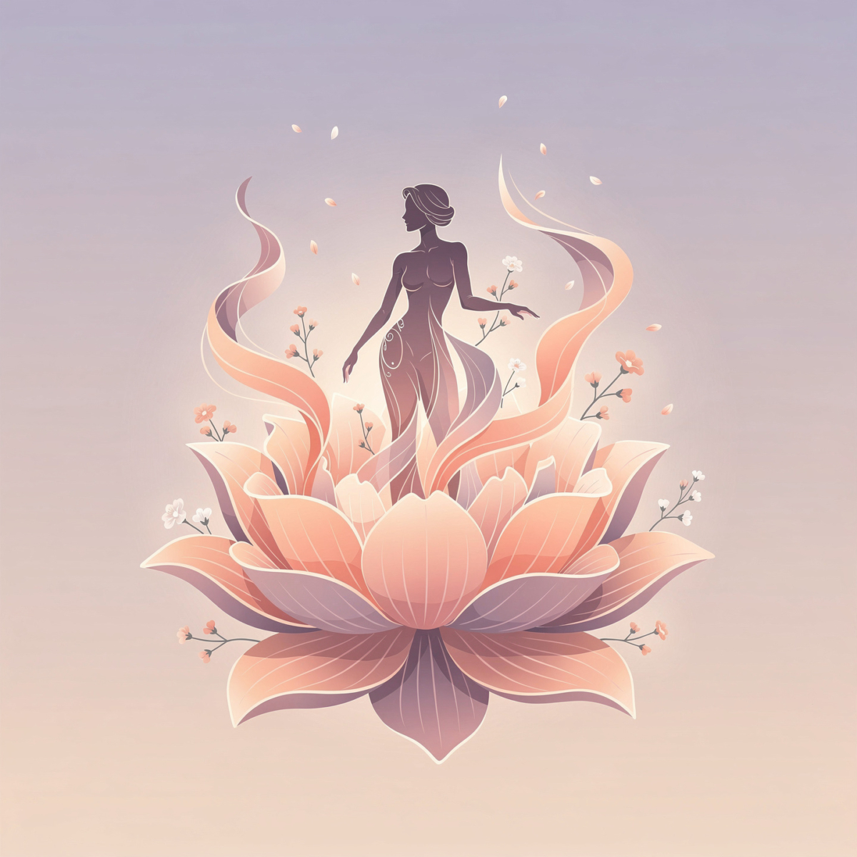 Digital illustration of a graceful woman figure rising from a large blooming lotus flower surrounded by soft pastel petals and small blossoms