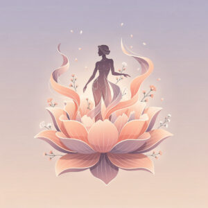 Digital illustration of a graceful woman figure rising from a large blooming lotus flower surrounded by soft pastel petals and small blossoms