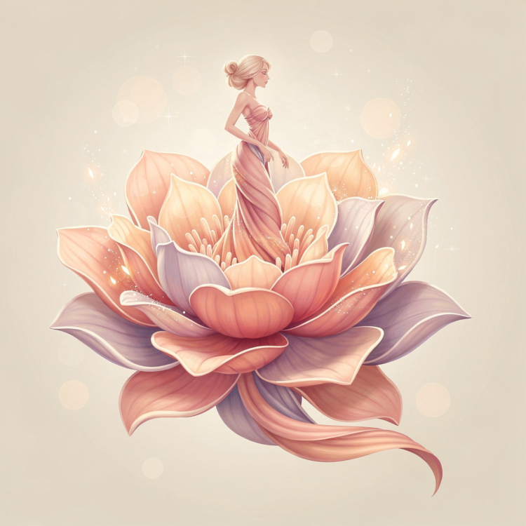Digital illustration of a refined woman in a flowing dress standing gracefully inside a large blooming lotus flower with soft pastel tones
