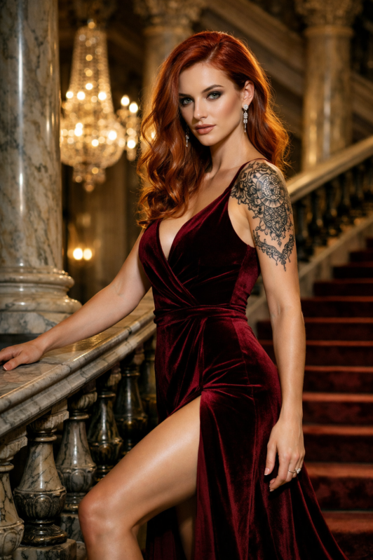 elegant velvet dress - A woman with red hair and a detailed shoulder tattoo wears an elegant burgundy velvet dress with a high slit, posing on marble stairs.
