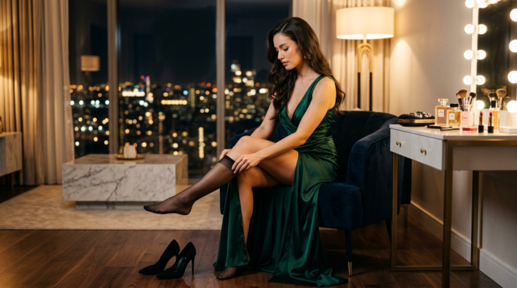 Woman in a green satin evening dress sitting on a chair putting on black stockings beside a vanity mirror with city lights visible through the window