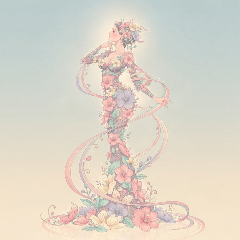 A graceful digital illustration of a woman wearing an intricate dress made of colorful flowers and swirls on a soft gradient background