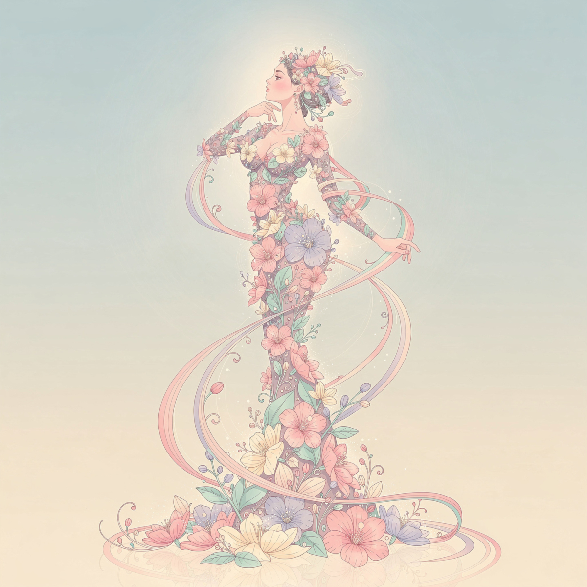 A graceful digital illustration of a woman wearing an intricate dress made of colorful flowers and swirls on a soft gradient background