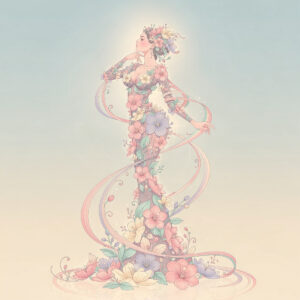 A graceful digital illustration of a woman wearing an intricate dress made of colorful flowers and swirls on a soft gradient background