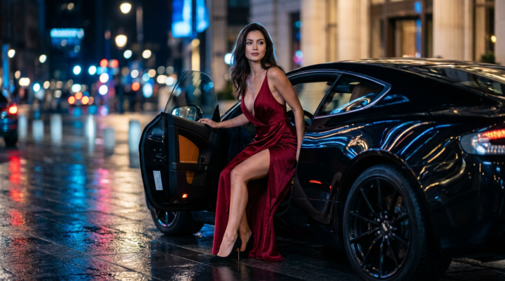 Stylish woman in a red satin dress sitting on the open door of a sleek black luxury car on a city street at night