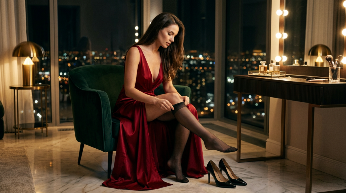 A woman in a red evening gown sits on a green velvet chair by a lit vanity mirror in a luxurious room with city lights at night.