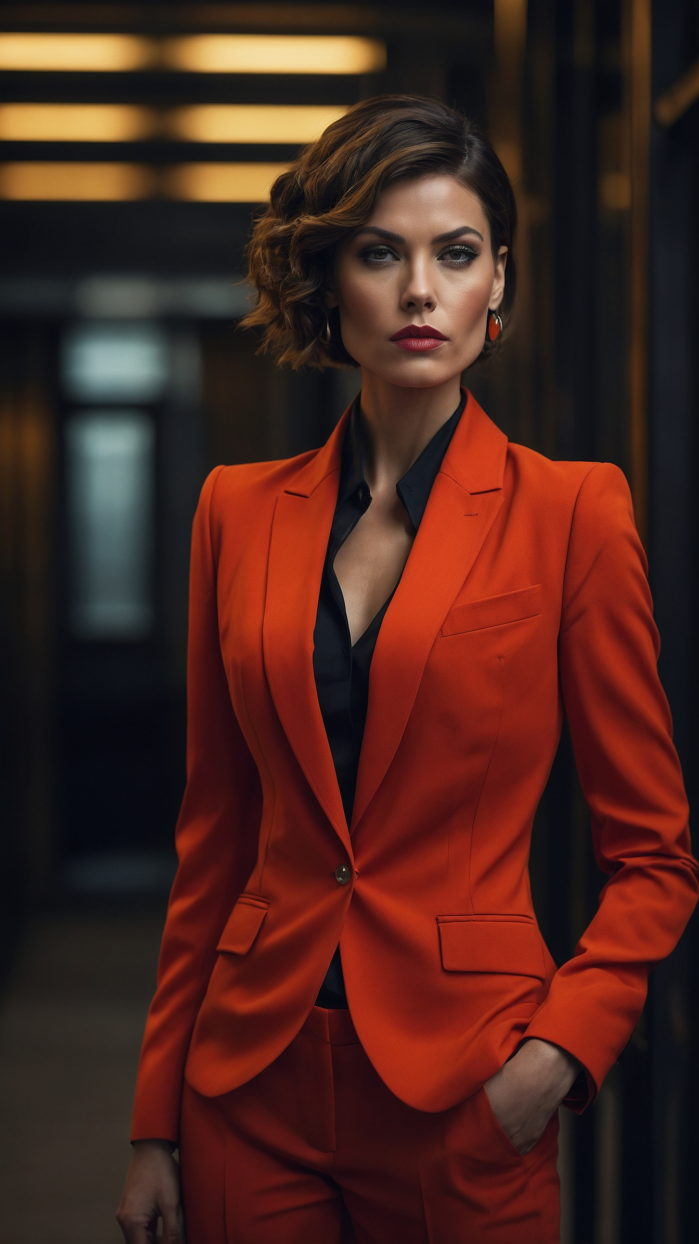 Portrait of a confident woman wearing a vibrant orange suit and black shirt, standing in a dimly lit modern hallway.