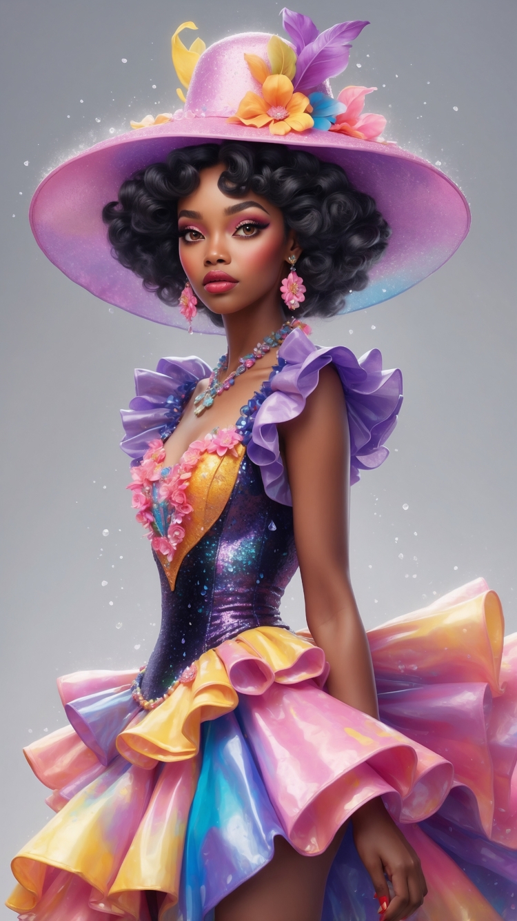 A stylish woman with dark curly hair wearing a large purple hat decorated with flowers and a sparkling multicolored ruffled dress