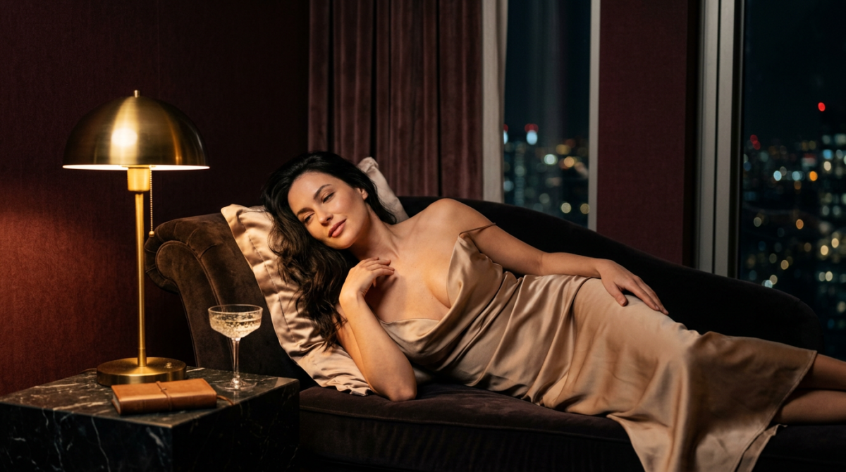 Woman in a gold satin dress reclining on a velvet chaise lounge beside a marble table with a lamp and a glass in a dimly lit room at night