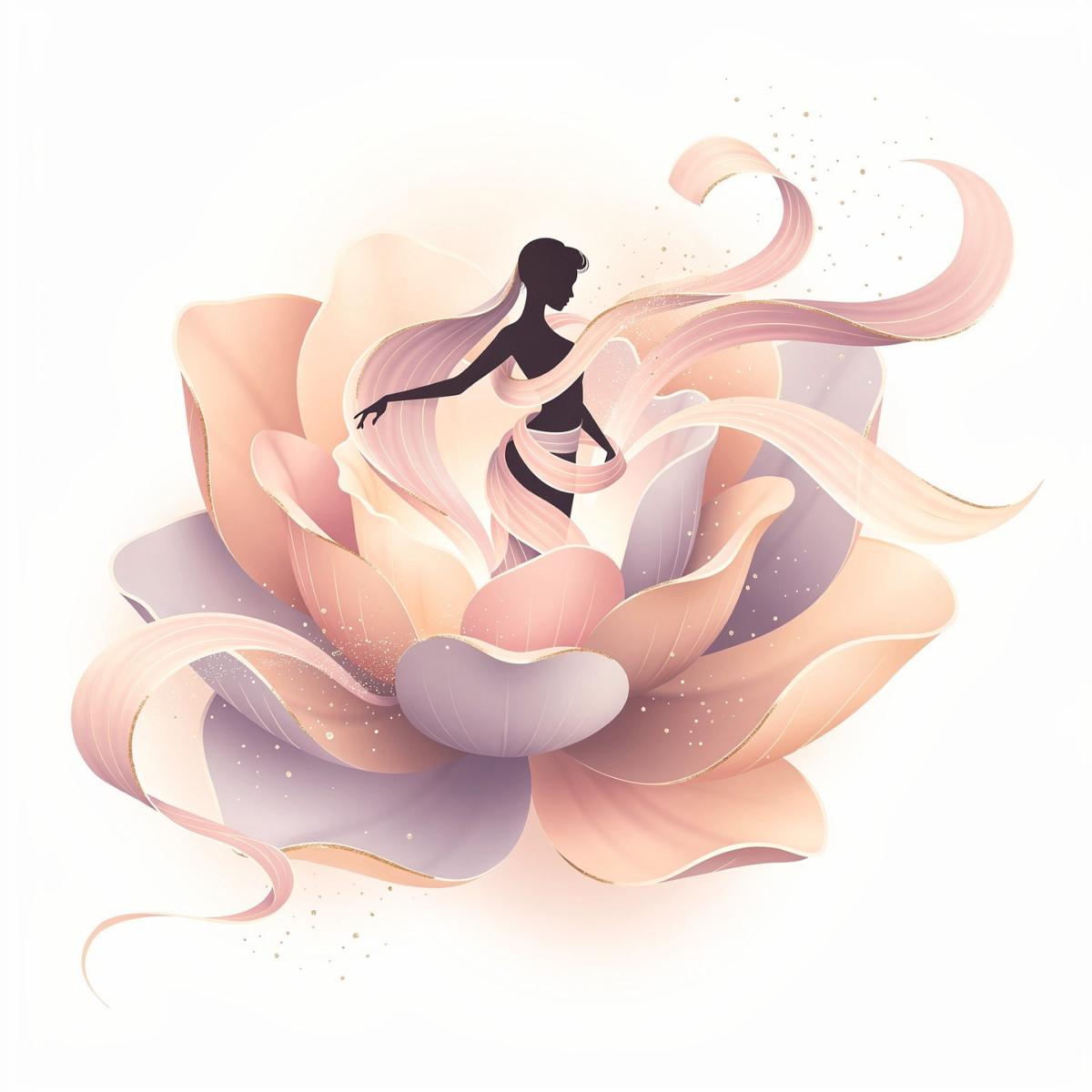 Silhouette of a graceful woman surrounded by flowing ribbons and delicate pastel flower petals in soft pink and lavender tones