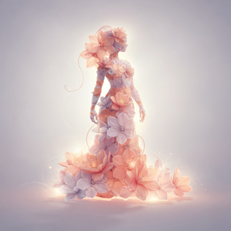Silhouette of a woman composed of glowing peach and lavender flowers, radiating light and grace against a soft background