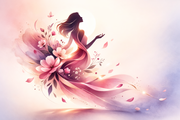 Graceful silhouette of a woman with flowing dress transforming into pink flowers and petals in soft pastel colors
