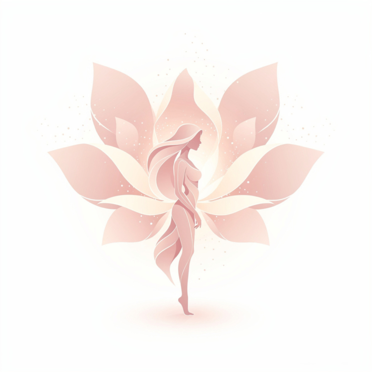 Soft pink silhouette of an elegant woman with flowing hair standing in front of a stylized lotus flower with glowing effect