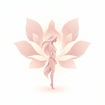 Soft pink silhouette of an elegant woman with flowing hair standing in front of a stylized lotus flower with glowing effect