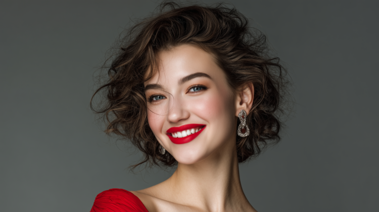 Close-up portrait of an elegant woman with short curly hair, bright red lipstick, and sparkling earrings smiling against a gray background