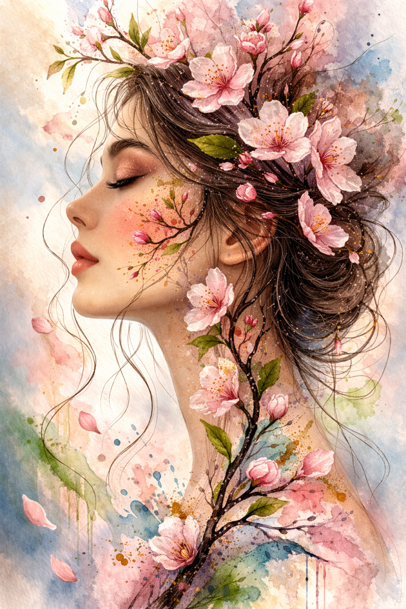 Detailed watercolor portrait of a serene woman with closed eyes, her hair intertwined with pink cherry blossoms and delicate branches.