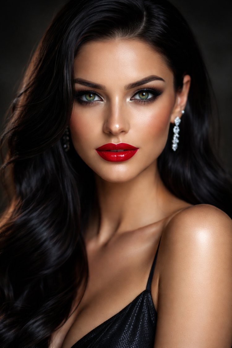 Close-up portrait of an elegant woman with striking green eyes, bold red lipstick, and dark flowing hair wearing diamond earrings.