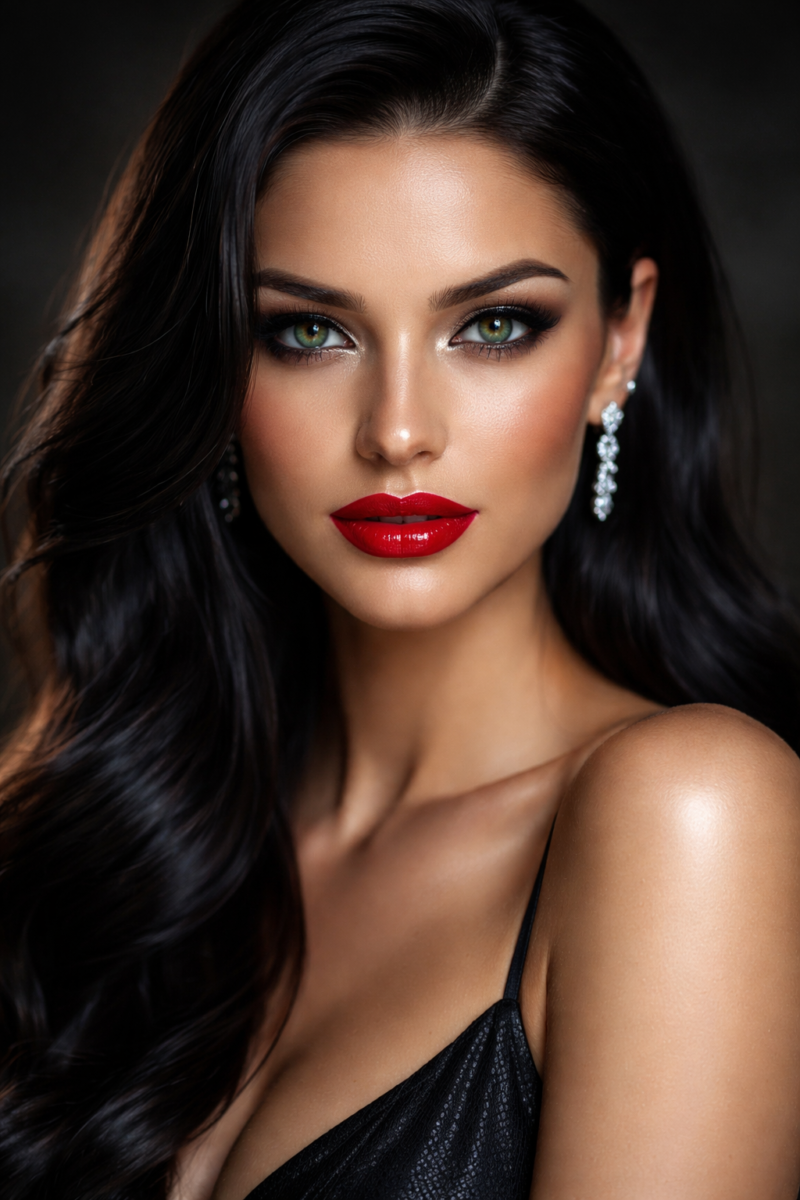 Close-up portrait of an elegant woman with striking green eyes, bold red lipstick, and dark flowing hair wearing diamond earrings.